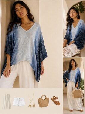 Boston Proper Sequin Ombre Kaftan Top Blue Sparkle One Size NWT Size Xl